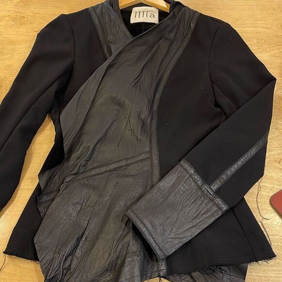ILLIA Womens Waterfall Front Mixed Media Leather Cardigan Jacket‎ Black Medium - Picture 7 of 8
